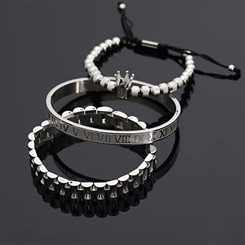 Funeia Stainless Steel Bracelets For Men, Gold Bracelets For Men, Imperial Crown Mens Bracelet Set Roman Numeral Bangle Bracelets (A:silver) #TOP5