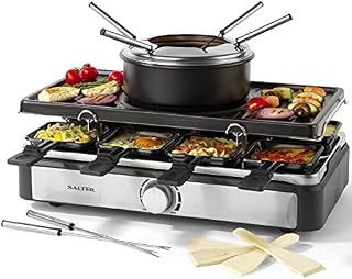 Salter EK4513 Electric 2 in 1 Raclette Grill & Fondue Set, 1400 W, 1.3 L Pot, 8 Non-Stick Pans & Wooden Spatulas, 6 Fondue Forks, Adjustable Temperature Control, Perfect for Parties and Indoor Use