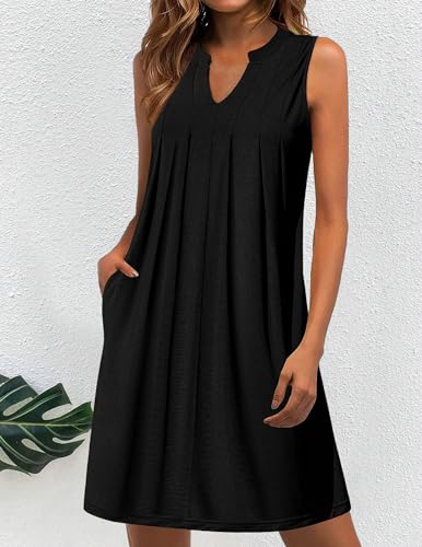 HOTOUCH Women Casual A-Line Dress with Pockets 2024 Sleeveless V Neck Pleated Sundress Loose T-Shirt Work Office Dresses3