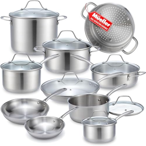 Image of Mueller Pots and Pans Set 17-Piece, Ultra-Clad Pro Stainless Steel Cookware Set, Ergonomic EverCool Handle, Induction Cookware, Includes Saucepans, Skillets, Dutch Oven, Stockpot, Steamer For Cooking