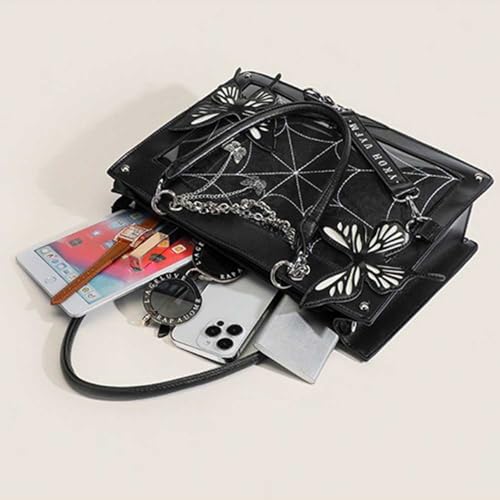 Butterfly Handbag, Large Capacity Square Handbag, Gothic Spider Web Black Series Leather Bag 6