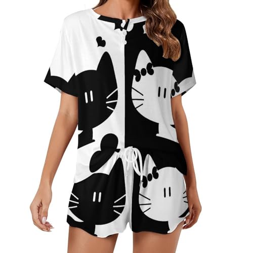 Pyjama chat noir et blanc ensemble femme manches courtes pour nuit été