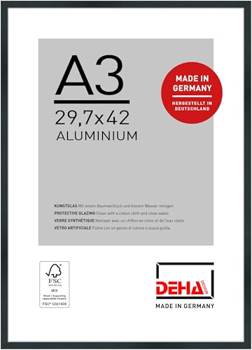 DEHA Design cornice per foto, 29,7 x 42 cm (A3), alluminio, Struttura Nero Opaco, cornice per posterper appenderein formato verticale e orizzontale, vetro sintetico, Tribeca