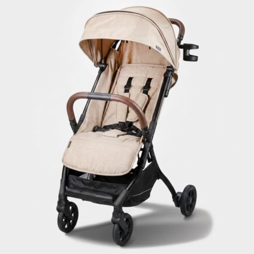 Image of Strolee Lightweight Baby & Toddler Stroller, Ultra Compact, Airplane-Friendly Travel Stroller, One-Handed Fold, Near Flat Recline, X-L Canopy & Parent Cup Holder -LinQ (Fawn)