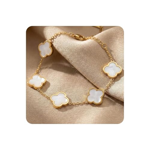 Four Leaf Clover Bracelet for Women 18K Gold Plated Stainless Steel Dual Sided Mother of Pearl 5 Lucky Motifs Non-Tarnish Hypoallergenic Adjustable Good Luck Jewellery Gift