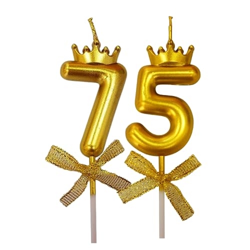 Image of 2 Pc 75 Number Candle for Birthday Cake Metallic 75th Birthday Cake Decoration Seventy Five Candle with Crown on Top Cake Topper 0-9 Number Candles for Anniversary (Pack of 2, Gold)