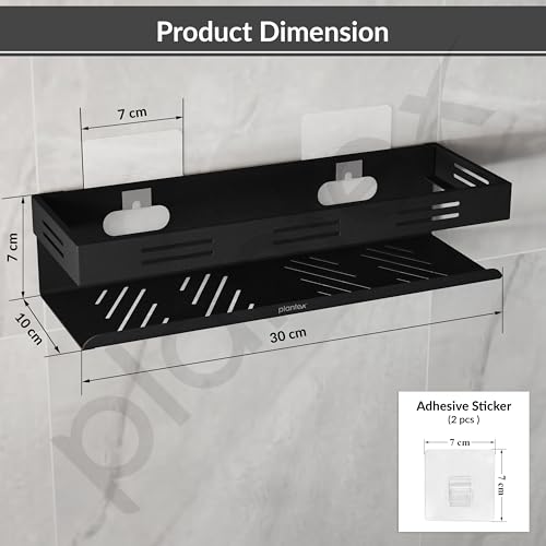 Image of Plantex Self Adhesive Bathroom Shelf /Bathroom Organizer Without Drill /Stainless Steel Kitchen Wall Rack Shelf-Pack of 1 (12 x 4 Inch - Black)