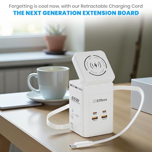 Image of Embox 7-in-1 Gan Charger 65W Fast Charger | Type C USB 2 AC Sockets (2500W) Wireless Fast Charging | Multi-Port Desktop Charger for Laptop, iPhone, Android, Portable Charging Station, White