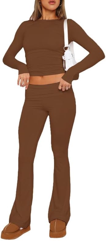 Casual Women's Two Piece Outfit Basic Long Sleeve Crop Top with Low Rise Flare Pants Set Lounge 2 Piece Yoga Tracksuit