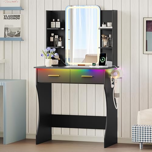 Image of Xixini Vanity Desk with LED Lights Mirror & Power Outlet, Small Makeup Vanity Table Set with Storage Drawers, 3 Lighting Modes & Adjustable Brightness, Dressing Table for Women Girls Bedroom, Black