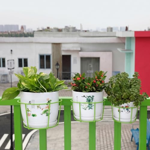 Image of Anti Rust Metal Hanging Planters for Balcony | Round Flowerpot Holder | Railing Planters, Fence Garden Flowerpot, Gamla, Flower Pots for Home and Garden (Green - Pack of 8)