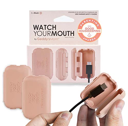 Image of Geddy´s Mom Watch Your Mouth USB Charger Protector Award-Winning Baby Proof Cord Protector| BPA & Phthalate-Free Charger Protector | Electrical Safety Baby Products (3-Pack, Blush)