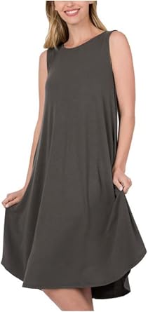 Zenana Viscose Sleeveless Knee Length With Two Side Pocket Spring Time Dress vd-7007,Ash Grey,Large