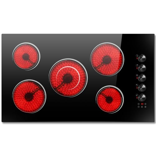 Image of 36 Inch Electric Cooktop 5 Burner 8400W Electric Stove 30'' Built-in Ceramic Stovetop with Knob Control, 9 Power Level, Safety Lock, Expanded Ring, 220V-240V Hard Wird (No Plug)