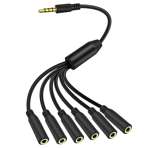 MEIRIYFA 3.5mm Splitter Cable 1 to 6 Ways,1/8 inch 4-Pole/3-Rings TRRS 1 Male to 6 Female Audio Stereo Splitter Extension Cable 3.5mm Audio 1 Input 6 Output Headphone Headset Extender Cord (30CM)