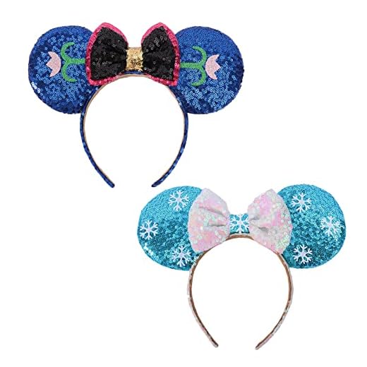 ETLUK Mouse Ears Bow Headbands, 2 PCS Frozen Mouse Ears for Cosplay Costume Princess Elsa and Anna Sequins Headbands for Women, Girls (Blue-White Snow & Blue Purple Flower)