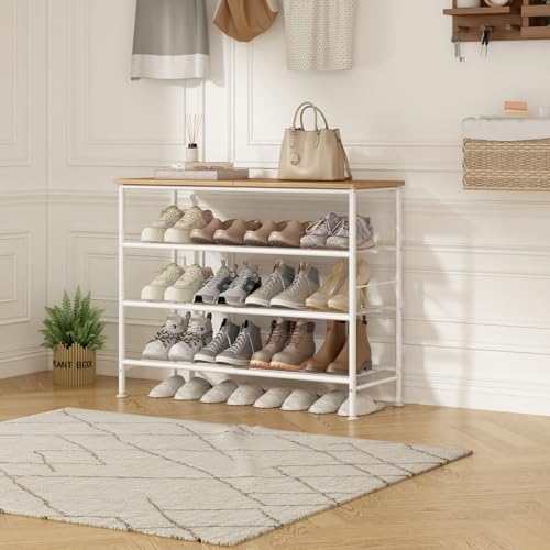Image of SUOERNUO Shoe Rack Organizer 4 Tier for Closet Entryway Free Standing Metal Storage Shoe Shelf with MDF Top Board (White + Nordic Walnut, 4 Tier)