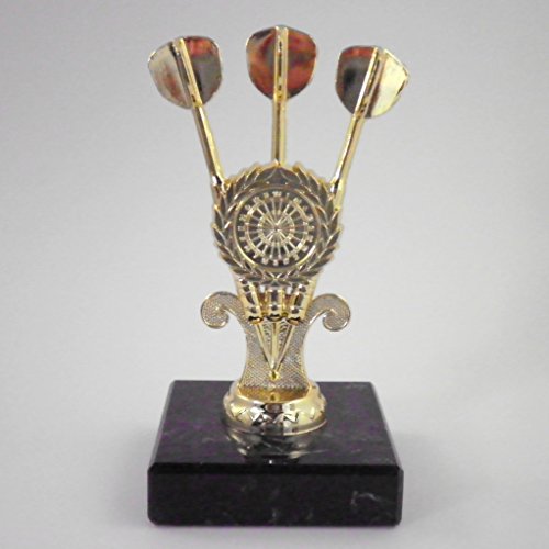 Trophée de fléchettes personnalisable avec 3 fléchettes dorées de 14 cm.