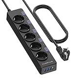 Steckdosenleiste Einzeln Schaltbar, 5 Fach Mehrfachsteckdose mit 1 USB-C und 3 USB-A, Steckerleiste Überspannungsschutz (3680W/16A), Verteilersteckdose mit Kindersicherung für Zuhause, Büro, 3M Kabel