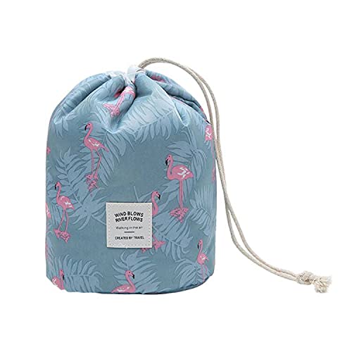 Travel Cosmetic Bag, Barrel Makeup Bag for Women Portable Foldable Cases Multifunctional Toiletry Bucket Bags Round Organizer Pocket Collapsible Blue Pink Flamingo