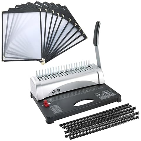 FLKQC 21-Hole Comb Binding Machine with with 100PCS 3/8'' Comb Bindings Spines & Restaurant Menu Cover Fits 8 1/2" x 11" Paper 10 Pack Single Page Cover