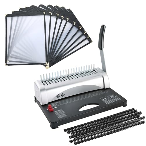 FLKQC 21-Hole Comb Binding Machine with with 100PCS 3/8'' Comb Bindings Spines & Restaurant Menu Cover Fits 8 1/2