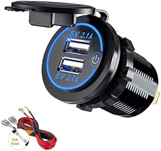 Thlevel Dual USB Charger Socket, Dual 5V/4.2A USB Car Charger Power Outlet with switch for 12V/24V Car, Boats and Marine, Motorcycle, Truck, SUV, UTV (1x USB Socket Blue)
