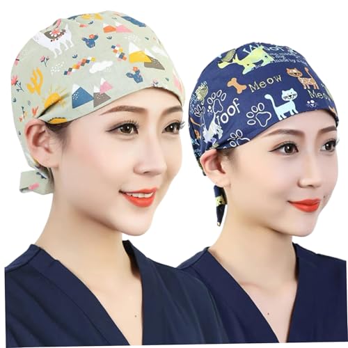 2Pcs Animal Pattern Cotton Scrub Caps with Strap & Button