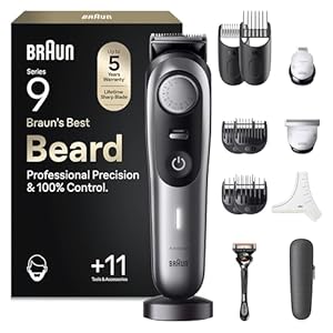 Braun Barttrimmer Series 9, Elektrischer Bartschneider Herren mit 11 Barber-Tools, Ultrascharfe ProBlade Klinge, 180 Min Akkulaufzeit, Kabelloser Bartrasierer, 40 Längen, Wasserdicht, BT9440, Chrom
