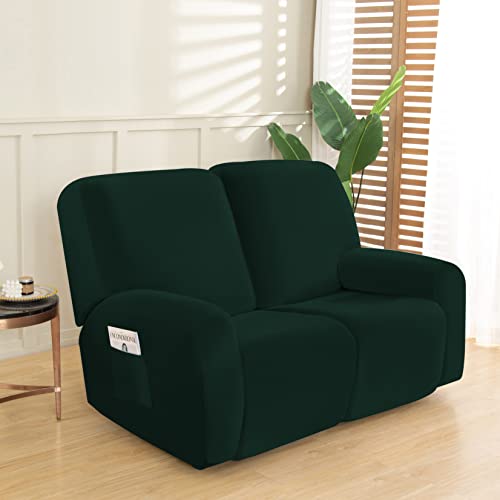 Loveseat Recliner Slipcover, 2 Seat Stretch Reclining Love Seat, Slipcover Sofa Cover With Side Pocket, Anti-Slip Elastic Chair Covers Furniture Protector For Kids, Pets, Dog, Cat (Velvet Deep Green) #TOP2