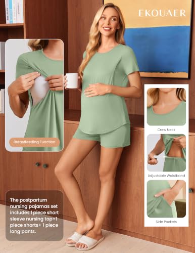 Ekouaer 3 Piece Maternity Pajamas Set Postpartum Nursing Short Sleeve Breastfeeding Sleepwear Pregnancy Shorts & Pants Pjs Light Green XL — view 3