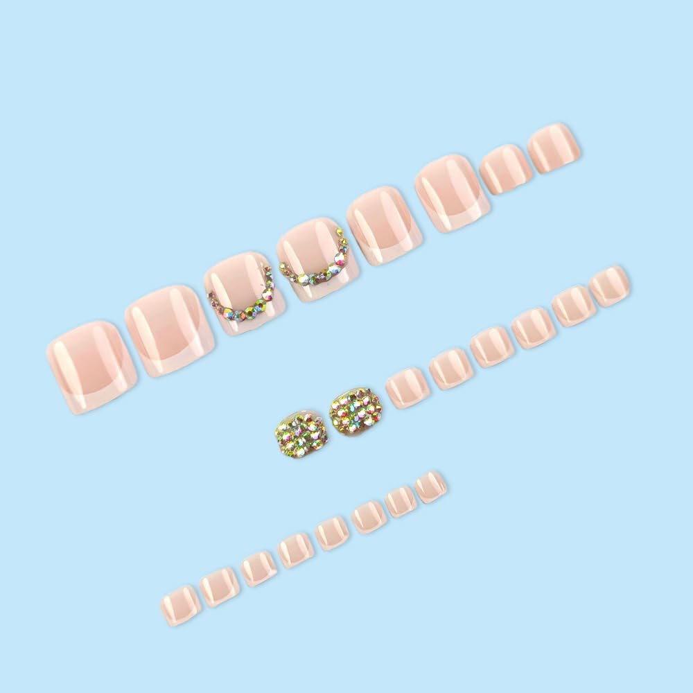Shine Rhinestones Press on Toenails with White French Tip Fake Toenails Glossy Short Square Toe Nails Reusable Full Cover Toe Nails for Women 24Pcs image 3