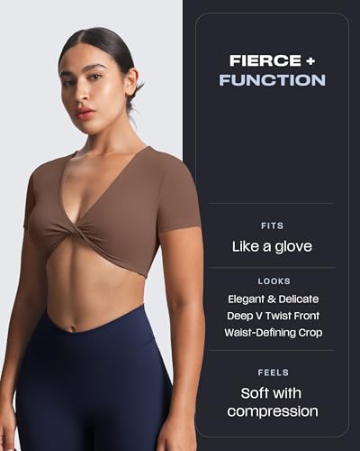 Image of Aoxjox Short Sleeve Crop Tops for Women Sienna Twist Deep V Workout Cropped T Shirt Top (Fudge Coffee, Small)