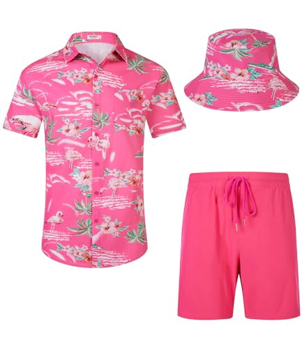 SPKPKEY Men's Hawaiian Shirt and Shorts Set Casual Funky Beach Flamingo Shirt Set Beach Party Shirts Suits with Bucket Hat