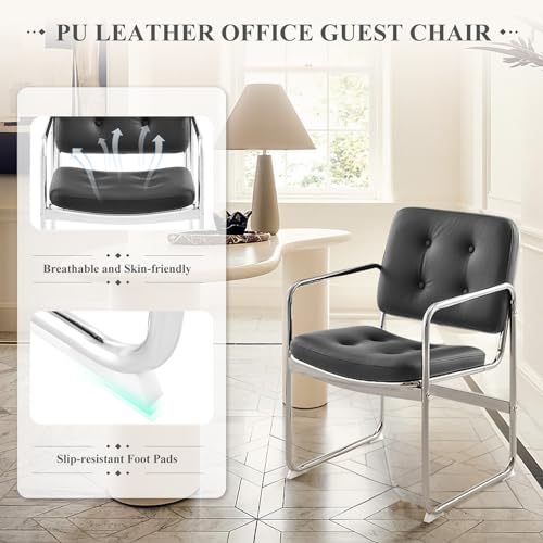 Image of MALOL Modern Accent Dining Chairs Set of 2, Button Faux Leather Upholstered Dining Room Arm Chair with Metal Legs for Dining Room /Kitchen /Living Room /Home /Restaurant /Coffee Shop, Black
