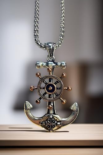 Erkek, Pusula Dümen Çıpa Denizci Figürlü K-122 Paslanmaz Kromix Çelik Gümüş Kaplama Kolye Madalyon - Görsel 5