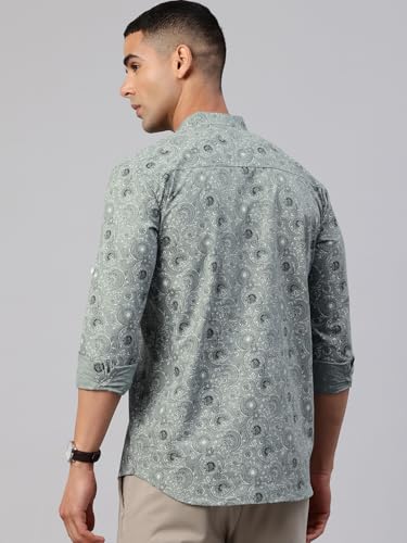 Image of Majestic Man Men's Pure Cotton Printed Mandarin Collar Regular Fit Roll-Up Sleeves Short Kurta