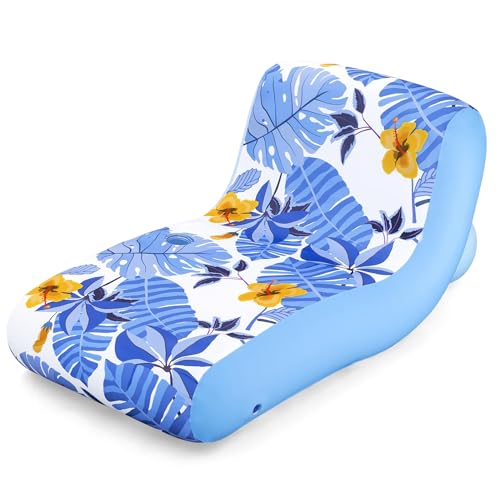 H2O GO Blissful Drifter Fabric Lounge - 69' x 42', Blue-Yellow Tropical Pattern, Inflatable Pool-Water Float, Removable Washable UPF Cover, Cup Holder