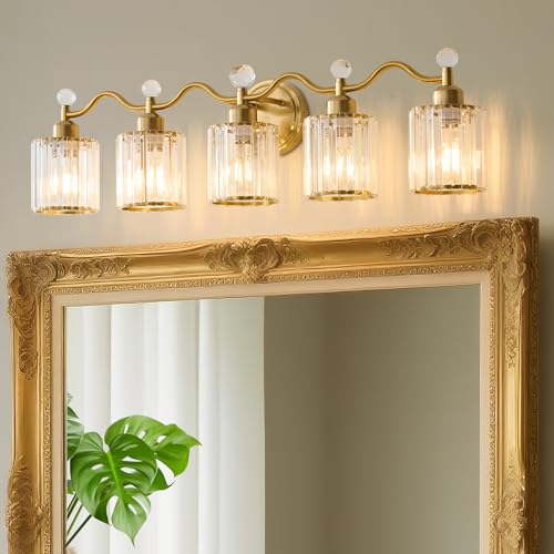 Bathroom Vanity Light Fixtures 5-lights, Gold Crystal Vanity Lights for Bath, Bathroom Lights Fixture with Clear Crystal Glass Shade, Modern Wall Light over Mirror, Wall Sconces Light for Hallway by iYoee - Image 2