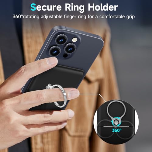 Image of Asstar Magnetic Wallet with Ring for 3 Cards, MagSafe Compatible | Adjustable Stand for Apple Wallet, Magnetic Card Holder for iPhone 15 /14 /13 /12, Twill PU Leather
