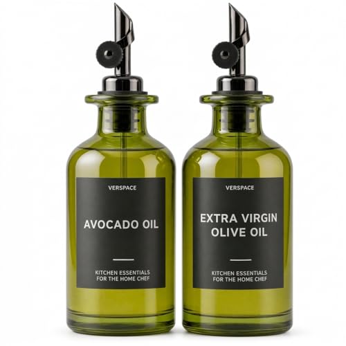 Verspace UV-Protected Green Glass Olive Oil Dispenser Bottles For Kitchen - 2 Pack - 12oz Includes 40 Kitchen Essential Labels, Avocado Oil Dispenser Set, Modern Decor for Home, Airbnb, Cafe