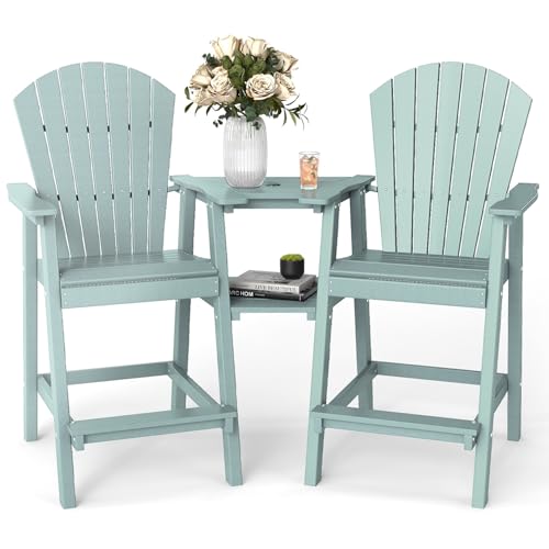 FOOWIN Tall Adirondack Chair Set of 2, All Weather HDPE Bar Height Adirondack Chair with Double Connecting Trays, Adirondack Barstools for Balcony, Deck, Backyard, Patio, Garden Aruban Blue