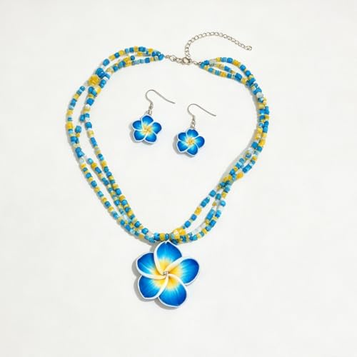 Juego de aretes hawaianos de Plumeria con collar de cuentas rosas y amarillas para mujer 5