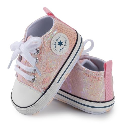 Image of Unisex Baby Girls Boys Canvas High-top Shoes, Newborn Infant Anti-Slip Soft Sole Frist Walking Breathable Sneakers