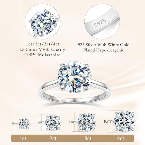 1/2/3/4 CT Round Moissanite Engagement Ring for Women,S925 Sterling Silver Solitaire Moissanite Ring with 18K Yellow/White Gold Plated,D Color VVS1 Anniversary Wedding Band2