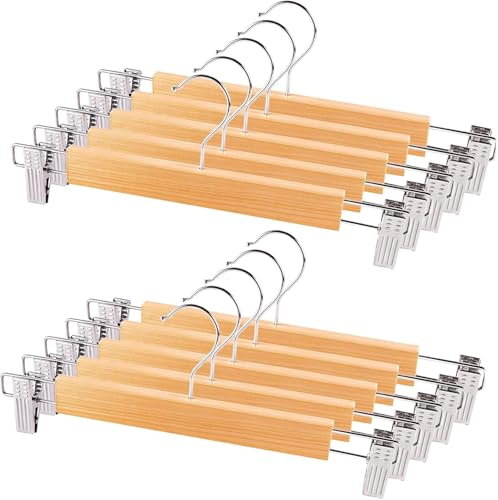 34cm Natural Wooden Pants Hangers,10pcs Heavy Duty Wood Trouser Hangers,Skirt Hanger Organizer with Adjustable Anti-Slip Chrome Clips, Space Saving Solid Clothes Hangers (10Pack)