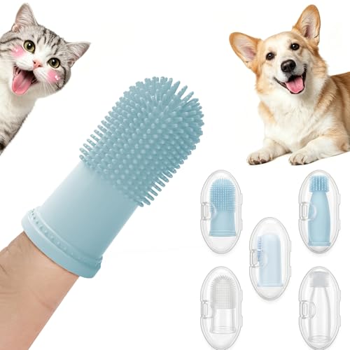 FACESMLIE 5-Pack with Cases Silicone Finger Toothbrush for Dogs and Cats Soft Bristle Dental Brush Three Different Models Suitable for Various Types of Dogs and Cats