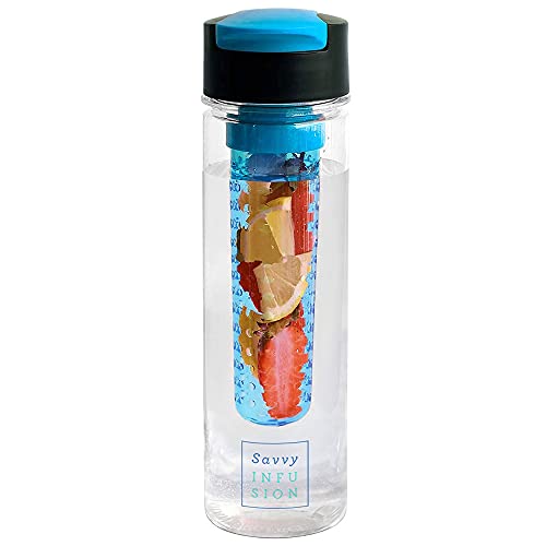 Savvy Infusion Flip Top Fruit Infuser Water Bottle - Unique Leak Proof Lid for Hikes, Outdoors - Dishwasher Safe Made with Tritan Shatter Proof Plastic - Great Gifts for Women - 24 Ounces Blue