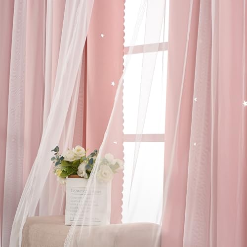 Image of Light Pink Curtains Blackout for Girls Bedroom - Aesthetic Star Cutout Double Layer with White Sheer Overlay, 63 Inch Length 1 Panel Cute Curtain Baby Nursery Toddler Room Decor Drapes