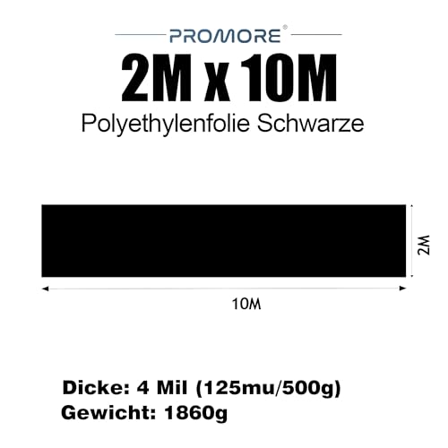 PROMORE Polyethylen Folie Schwarz 2 x 10M 0,1mm 100g/m² 100µm PE Hochbeetfolie Baufolie Abdeckfolie Gewächshausfolie Plastikfolie Reißfest Gartenfolie für Gartenarbeit Treibhaus Folientunnel